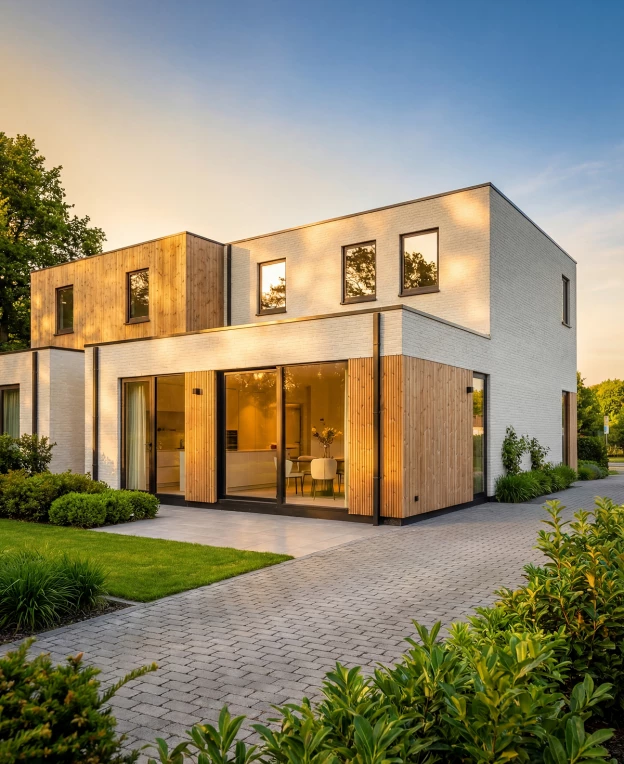 modulaire woning halfopen met lichte gevelsteen en hout en zwarte ramen