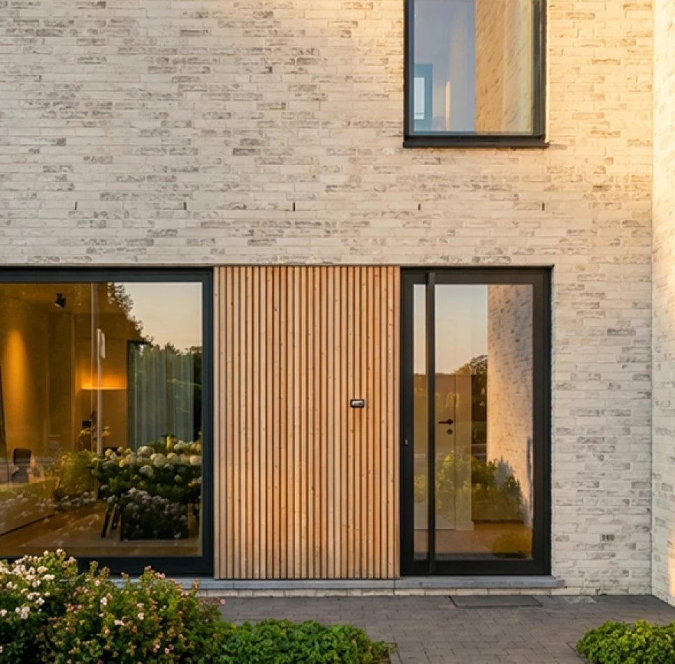 modulaire nieuwbouwwoning glazen deur hout en lichte voorgevel