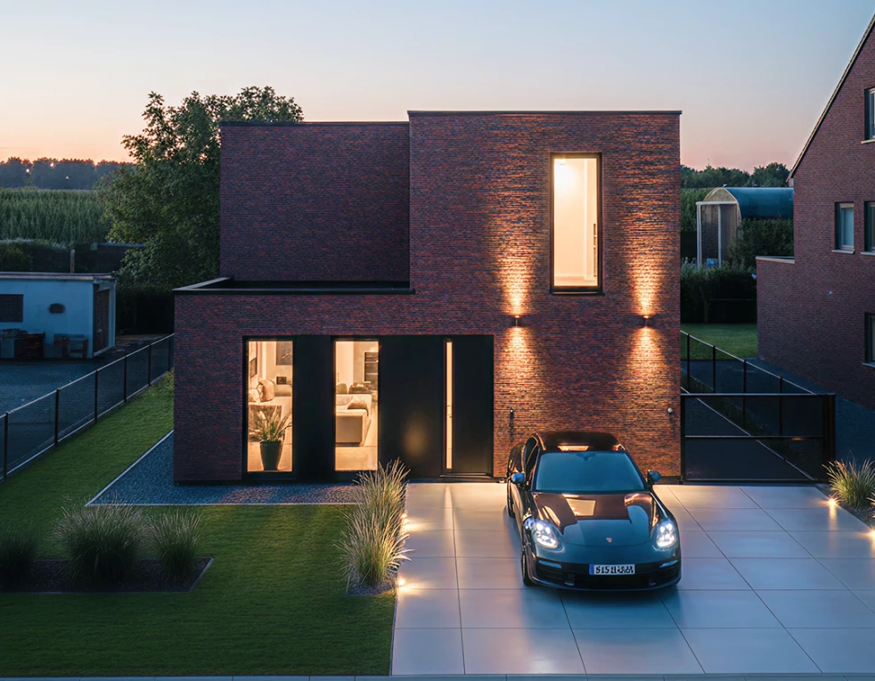 modulaire woning naadloos afgewerkt met donkere gevelsteen en zwarte ramen